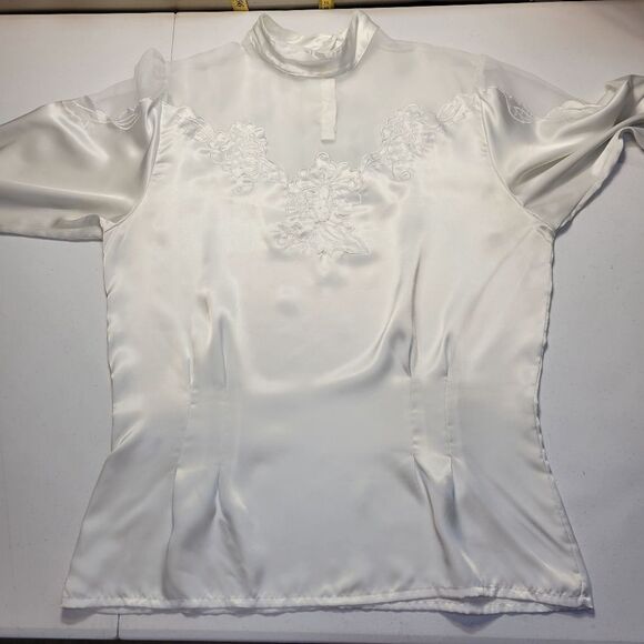 Susan Hutton Vintage White Satin Sheer Mesh Long Sleeve Blouse Women's Plus Size - Picture 7 of 9